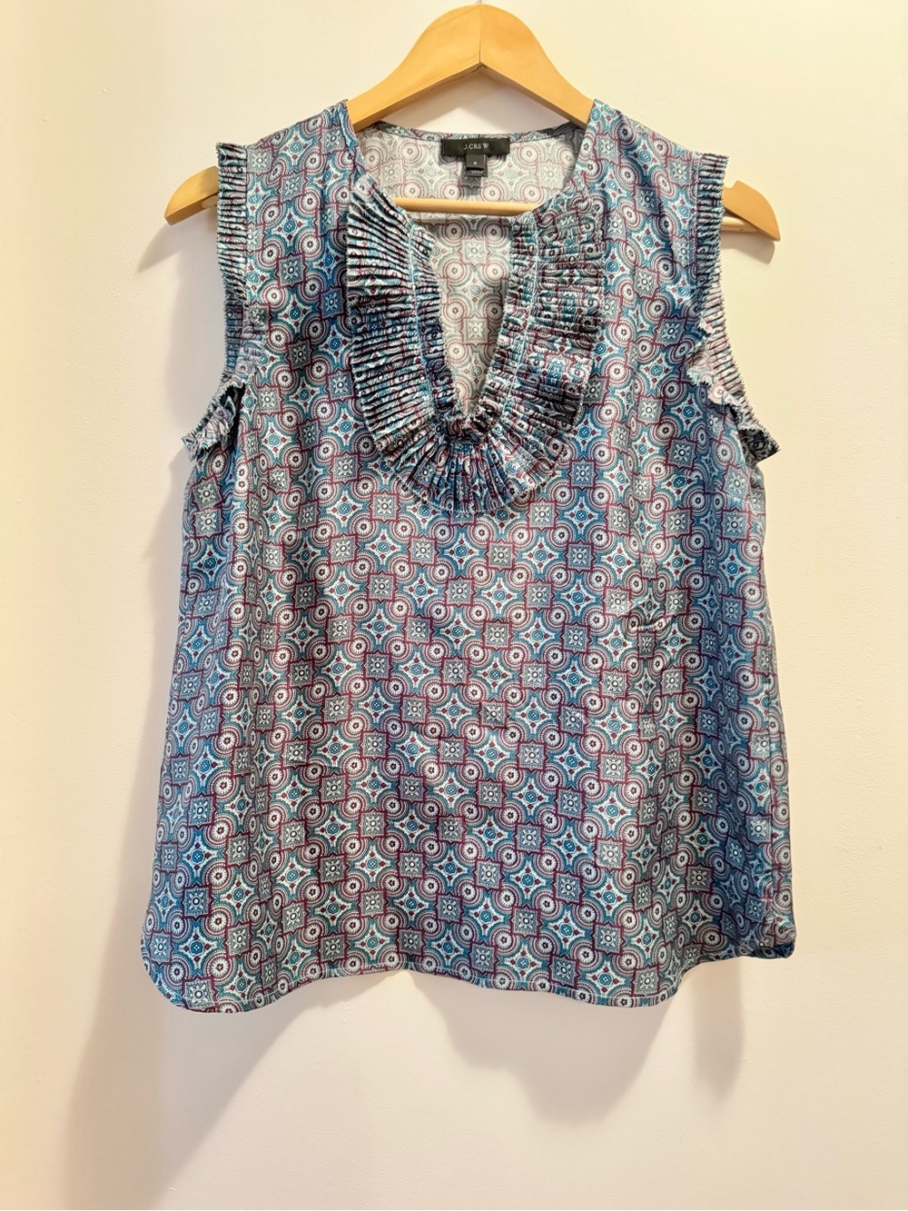 J.Crew‎ Margo 100% Silk Medallion Ruffle Tank Top Boho Print Size 6
